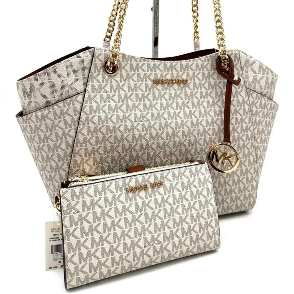 Michael Kors Large Jet Set Travel Chain Shoulder Bag & Double Zip Wallet Vanilla